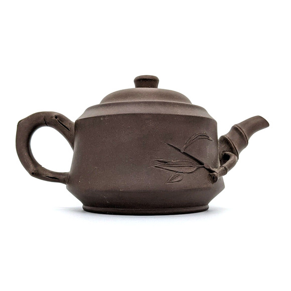 Yixing Teapot Chinese Unglazed w Bamboo Motif Handmade Zisha Clay Signed - Picture 1 of 11